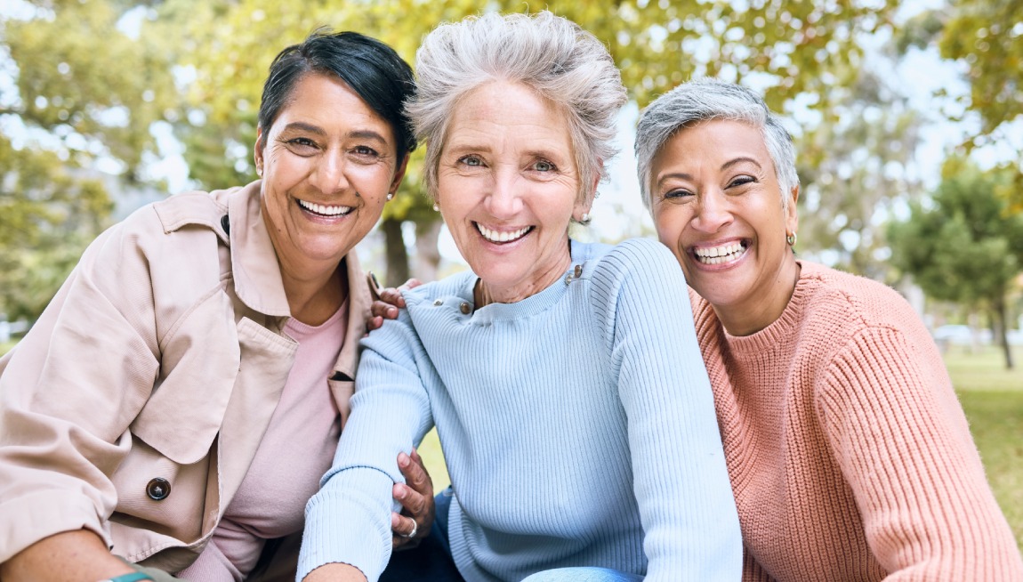 Retirement, friends or bonding portrait on profile picture, social media or lifestyle freedom blog in relax environment. Smile, happy or elderly senior women in nature park, grass garden or community