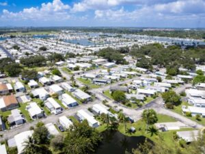 Hallandale Beach, Florida, USA - Aerial of a large Manufactured housing district or mobile home community near I-95.